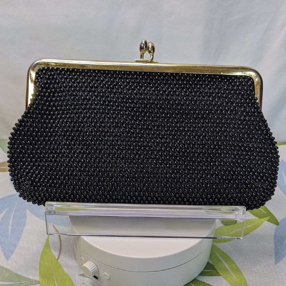 St. Thomas Vintage Cordé Bead Kisslock Mini Clutch Pouch Black